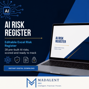 AI Risk Register Excel workbook cover for 50 pre-populated AI risks