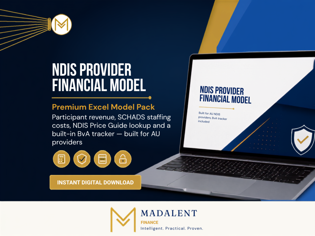 NDIS Provider Financial Model — Excel model pack cover showing participant revenue, staffing costs and BvA tracker features