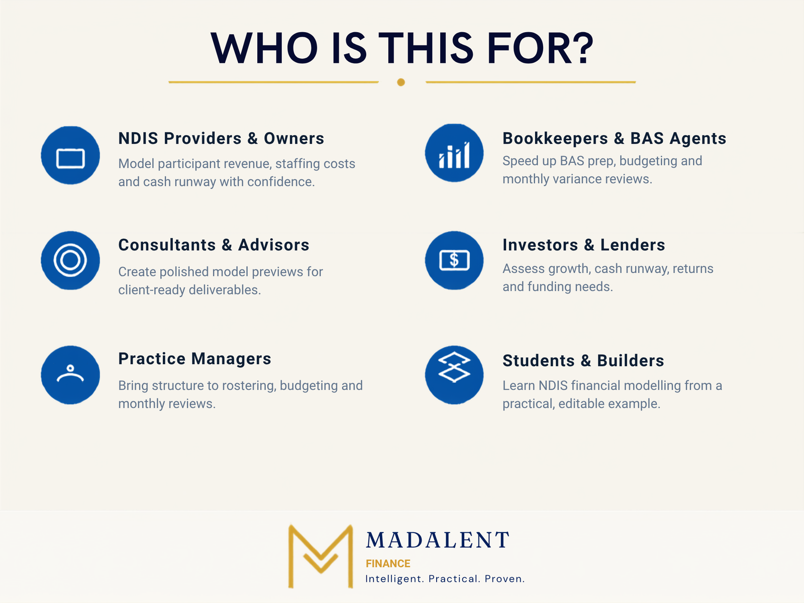 Who the NDIS Provider Financial Model is for: NDIS providers, bookkeepers, consultants, investors, practice managers and students