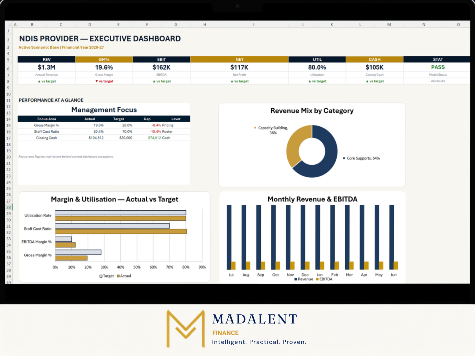 NDIS Provider Executive Dashboard showing revenue, EBITDA, utilisation, cash position and revenue mix by category